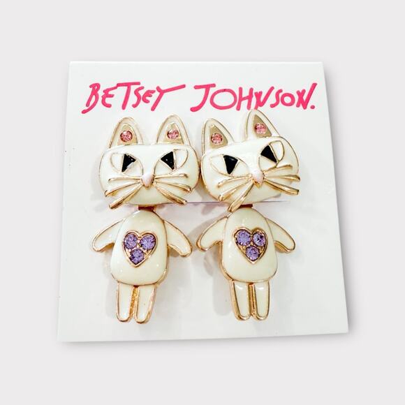 NWT Betsey Johnson White Rhinestone Kitty Earrings - Picture 1 of 2